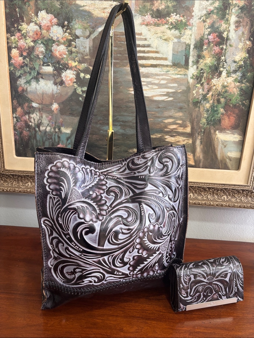 Women's Embossed Floral Leather Tote - Black with Plum Accents